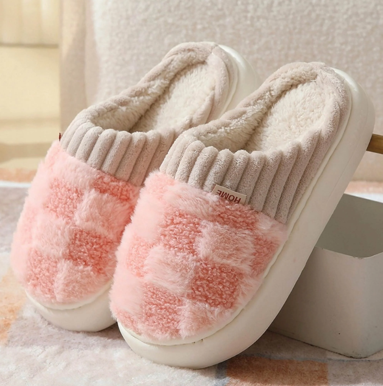 Damen Hausschuhe Flauschiges Textil Kariert