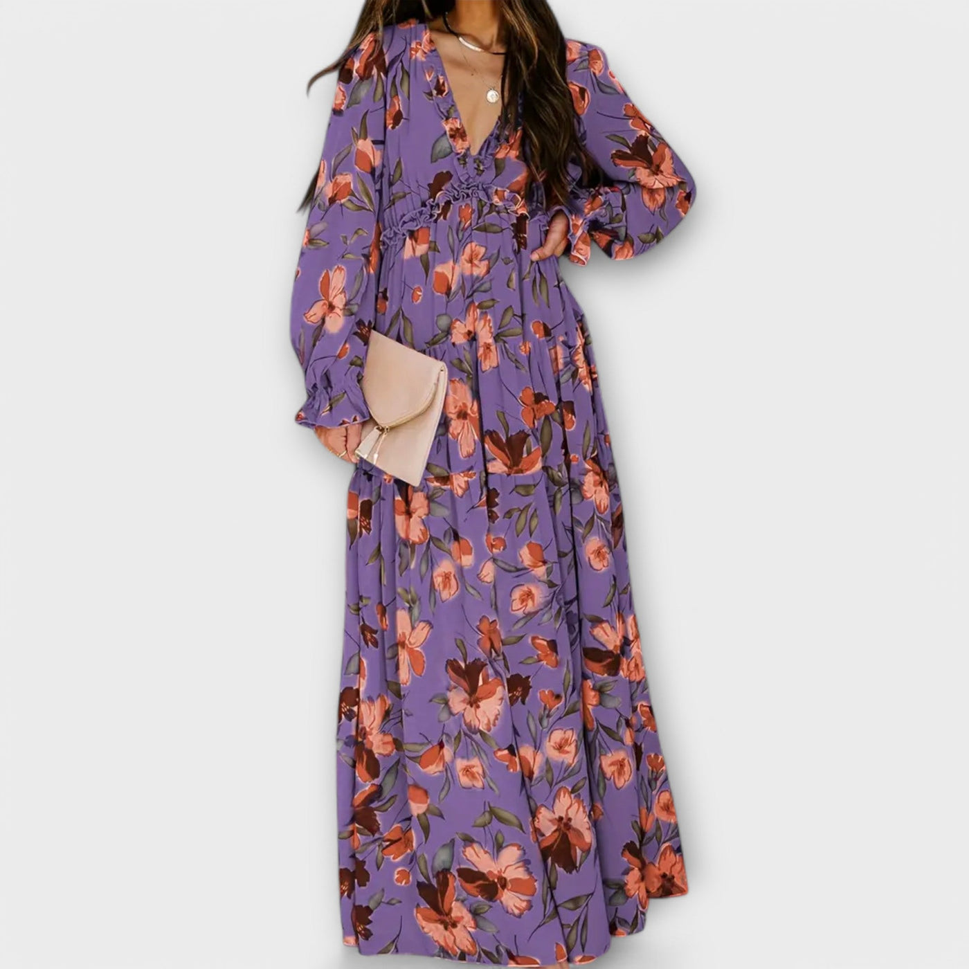 Lillian | Romantisches, transparentes Maxikleid mit floralem Design