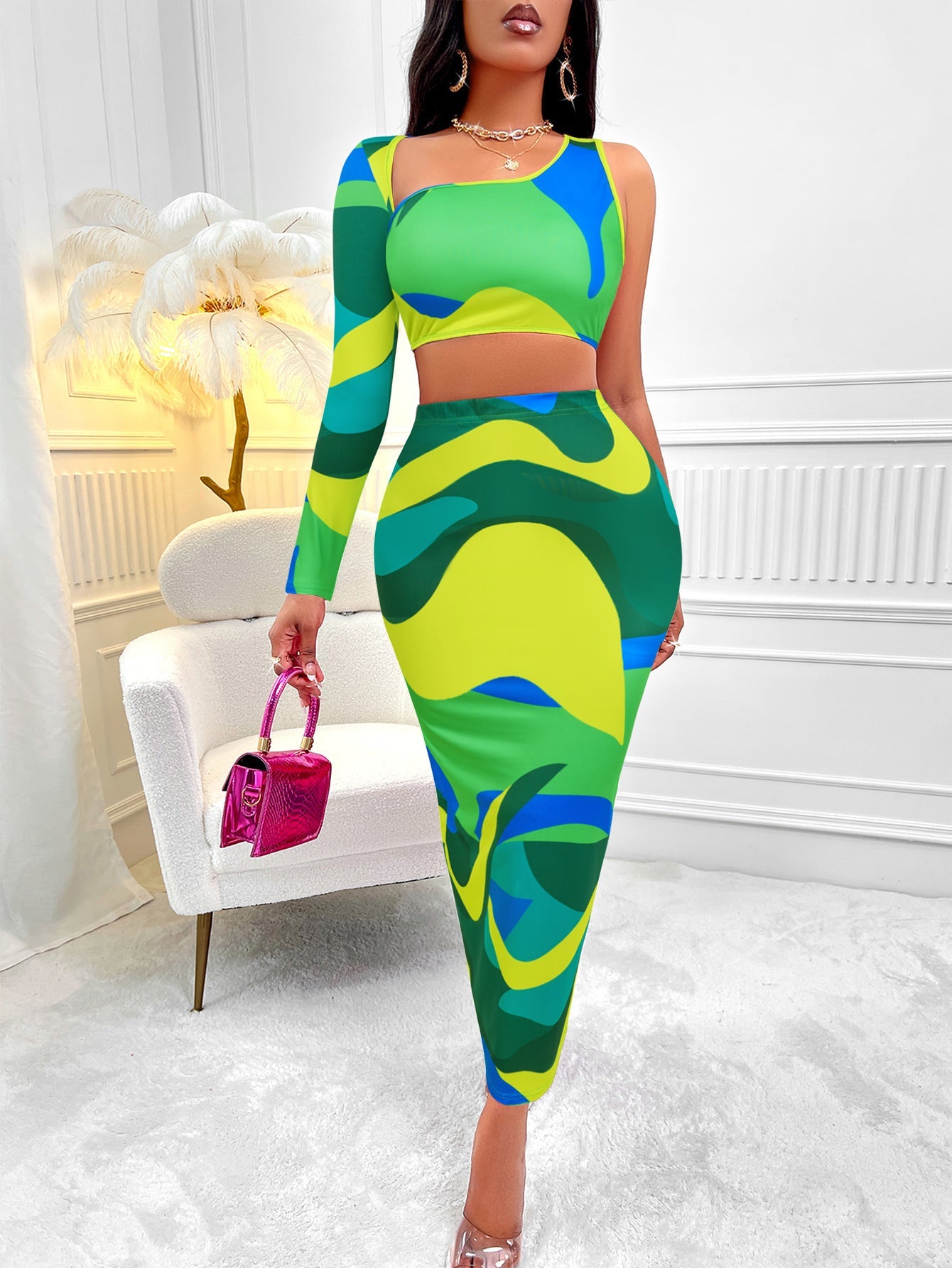 Rachel – Asymmetrisches One-Shoulder-Rockset mit Print