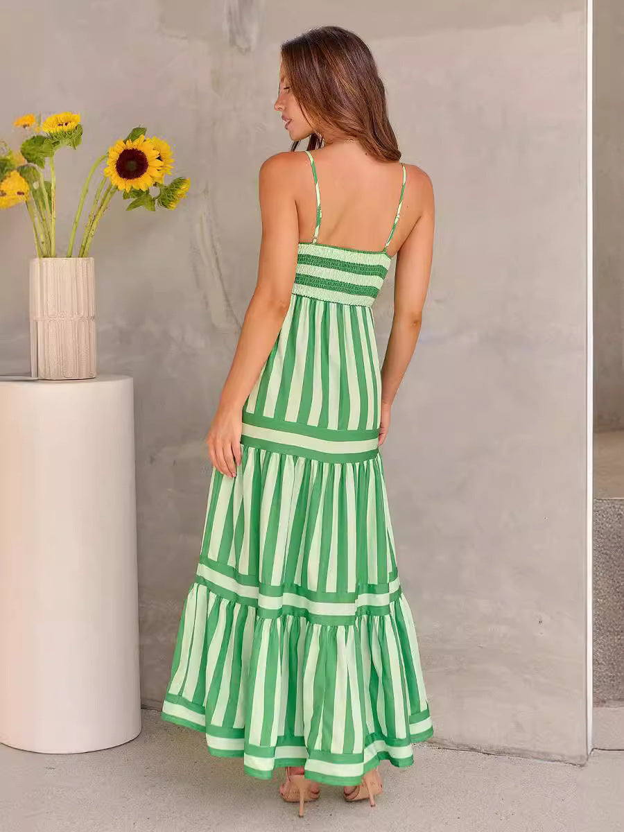 Stephanie – Gestreiftes Langkleid mit Trägern und Taschen für den Strandurlaub