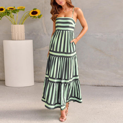 Stephanie – Gestreiftes Langkleid mit Trägern und Taschen für den Strandurlaub