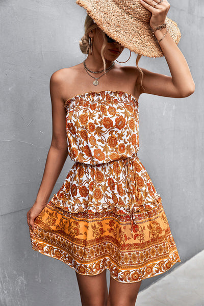 Denise – Trägerloses Bohemian-Blumendruckkleid für den Sommer am Strand