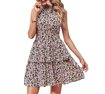 Alice – Sommerliches bedrucktes Halterkleid im Boho-Stil mit Rüschen für Damen
