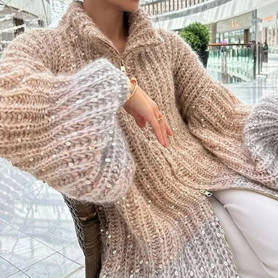 Entspannter Pullover mit V-Ausschnitt und Pailletten