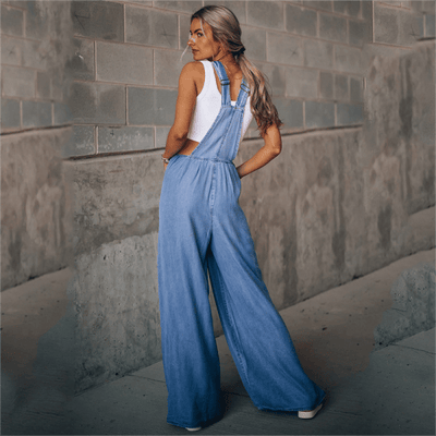 Damen-Latzhose aus Denim mit weitem Bein und verstellbaren Trägern