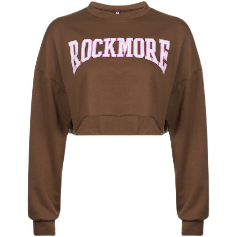 Karen – Harajuku Buchstaben Bedrucktes Braunes Kurzes Sweatshirt