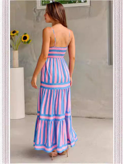 Stephanie – Gestreiftes Langkleid mit Trägern und Taschen für den Strandurlaub