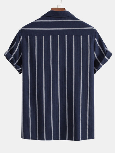 Gestreiftes kubanisches Hemd aus Baumwollmischung und Leinenhose mit geradem Bein