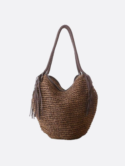 Mira | Weiche Strohtasche mit geflochtenem Schulterriemen & Lederfransen – Boho-Sommertasche für Damen