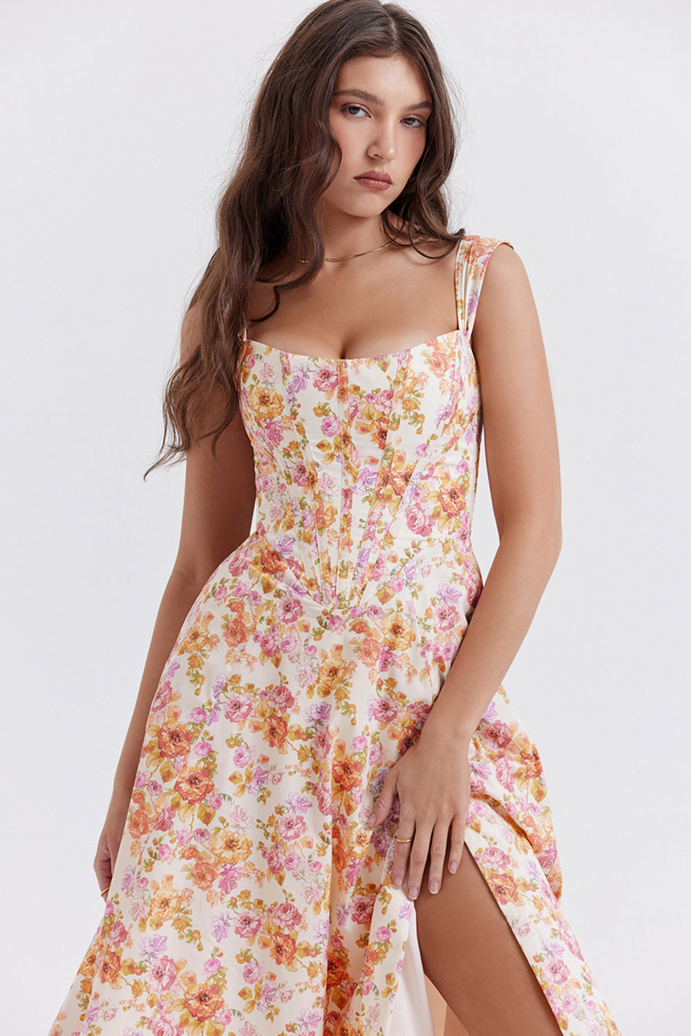 Damen-Midikleid aus Viskose mit Blumenmuster und V-Ausschnitt