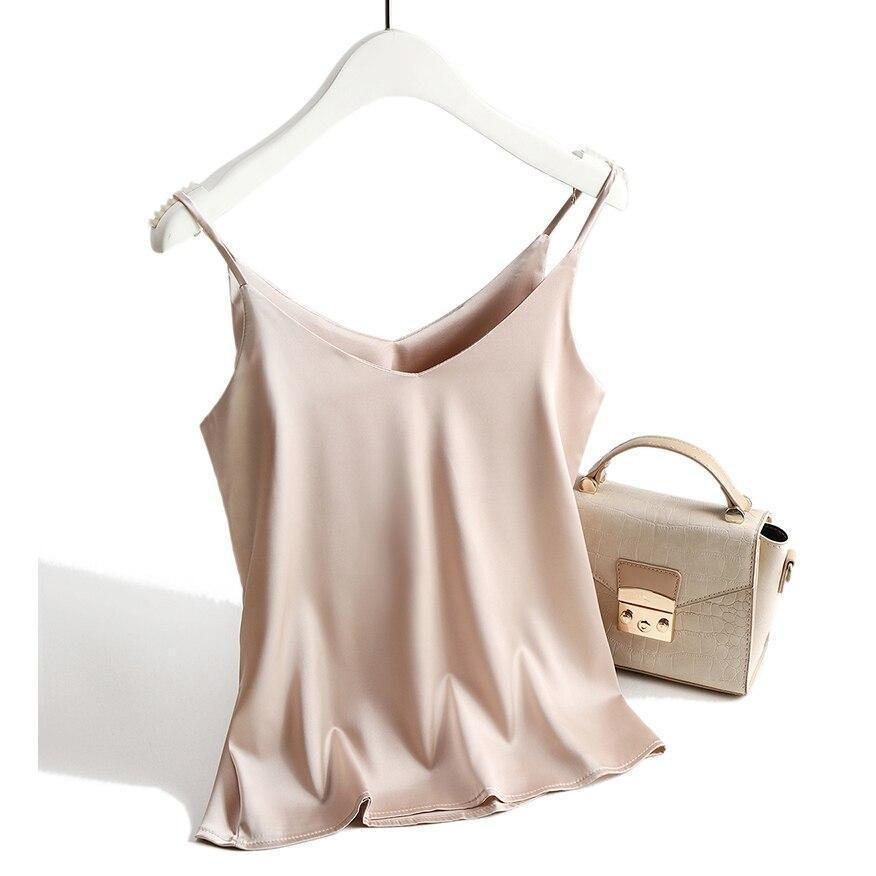 Damen Satin Top mit Spaghettiträgern und V-Ausschnitt