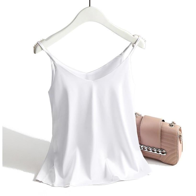 Damen Satin Top mit Spaghettiträgern und V-Ausschnitt