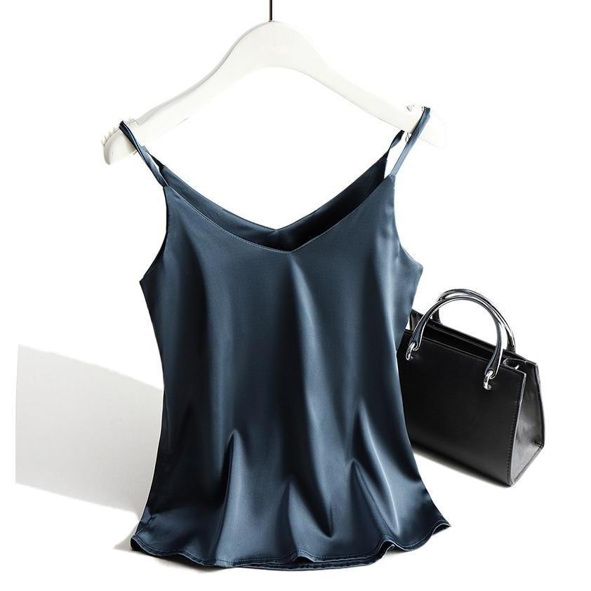Damen Satin Top mit Spaghettiträgern und V-Ausschnitt