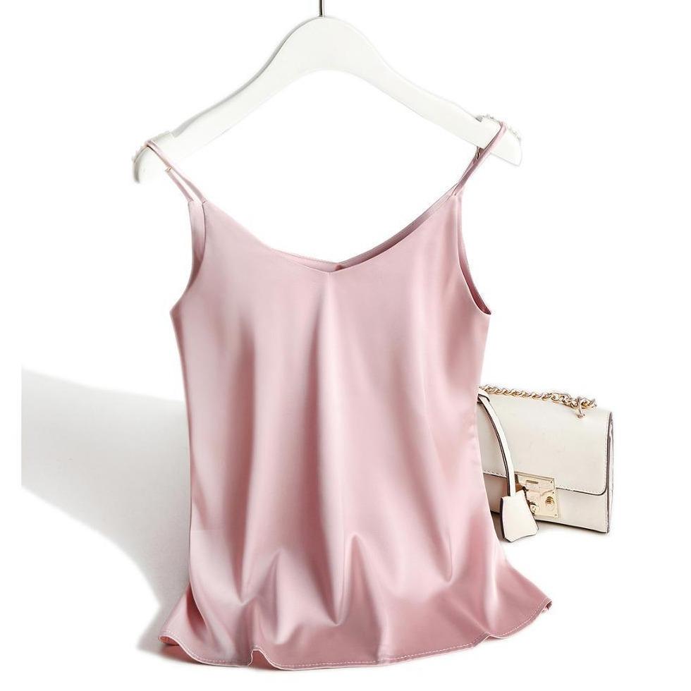 Damen Satin Top mit Spaghettiträgern und V-Ausschnitt