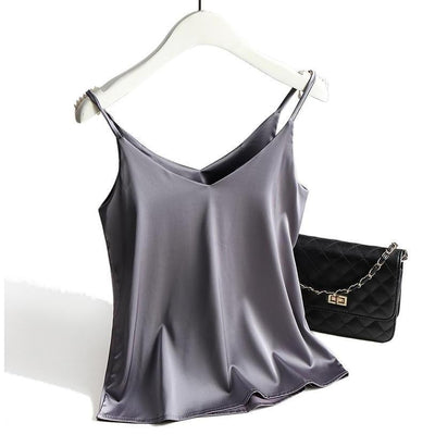 Damen Satin Top mit Spaghettiträgern und V-Ausschnitt