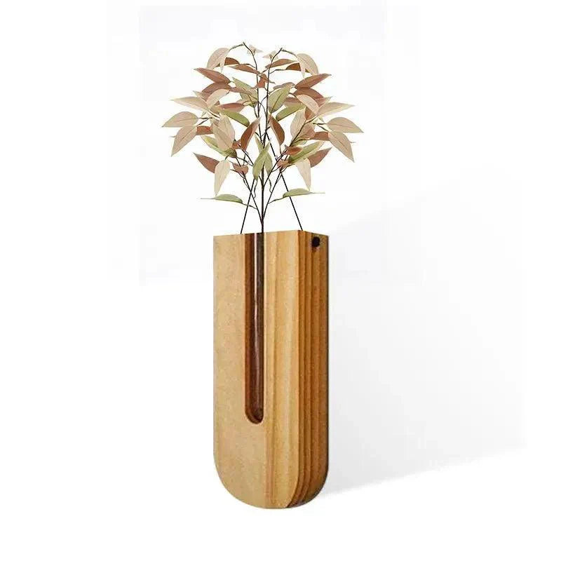 Vintage Wandvase │ Holz-Hydroponik Wandpflanzenhalter │ Transparenter Glasröhren-Blumentopf