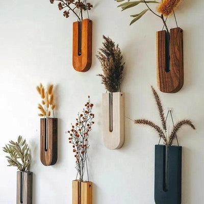 Vintage Wandvase │ Holz-Hydroponik Wandpflanzenhalter │ Transparenter Glasröhren-Blumentopf