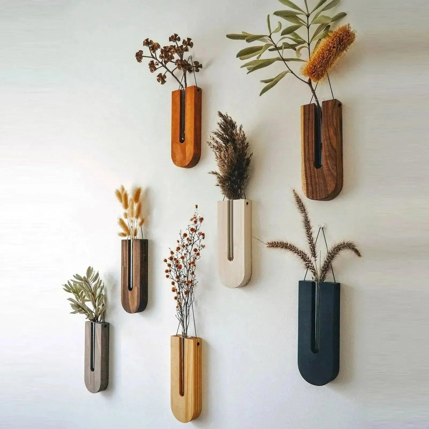 Vintage Wandvase │ Holz-Hydroponik Wandpflanzenhalter │ Transparenter Glasröhren-Blumentopf