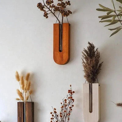 Vintage Wandvase │ Holz-Hydroponik Wandpflanzenhalter │ Transparenter Glasröhren-Blumentopf