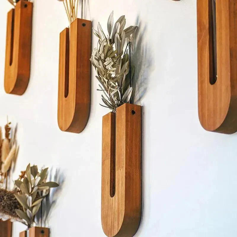 Vintage Wandvase │ Holz-Hydroponik Wandpflanzenhalter │ Transparenter Glasröhren-Blumentopf
